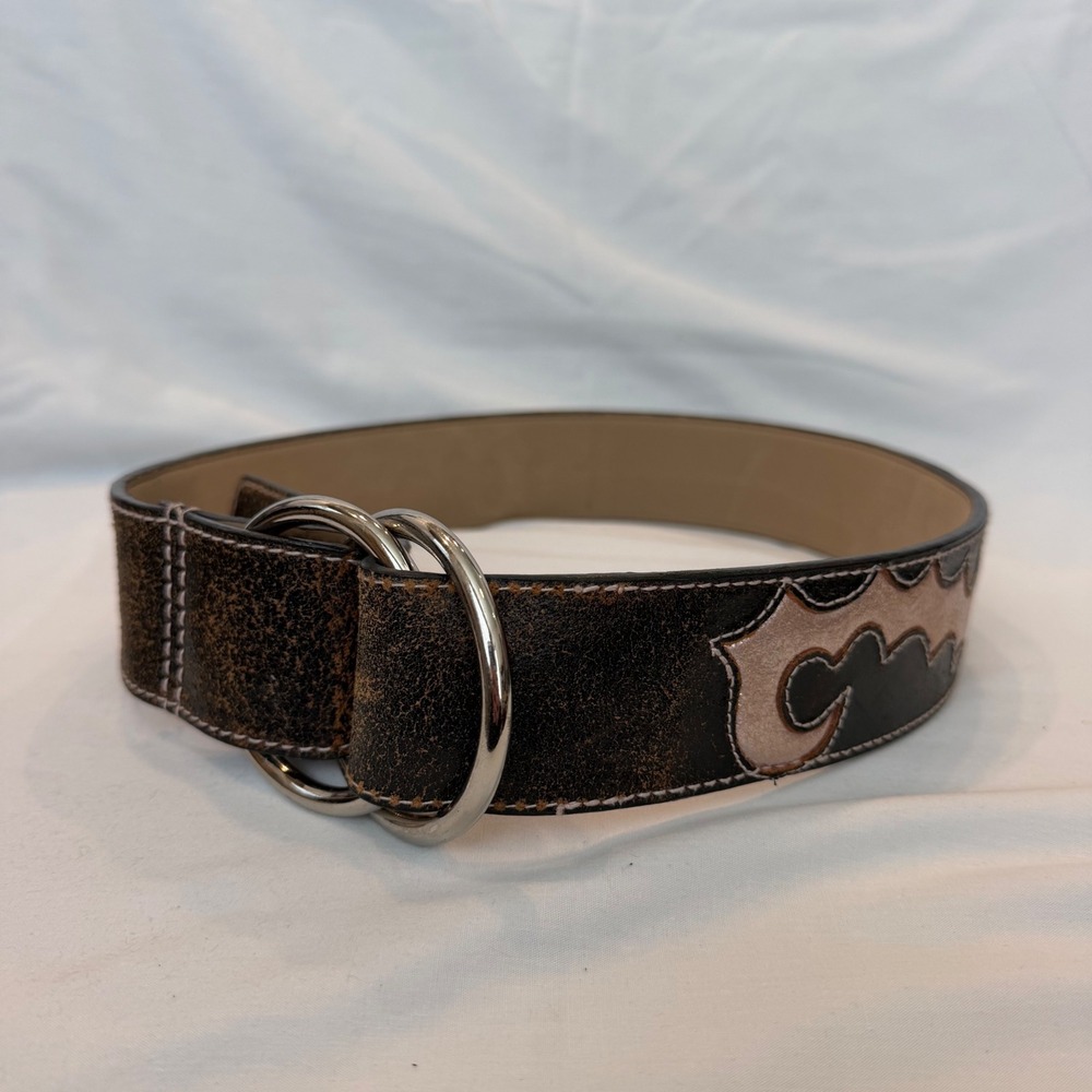 Guess Womens Distressed Brown Leather Western O-Ring Belt Scrollwork Applique S